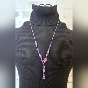 Purple Lucite Bead Y-Necklace on Silvertone Chain – Retro Statement Jewelry